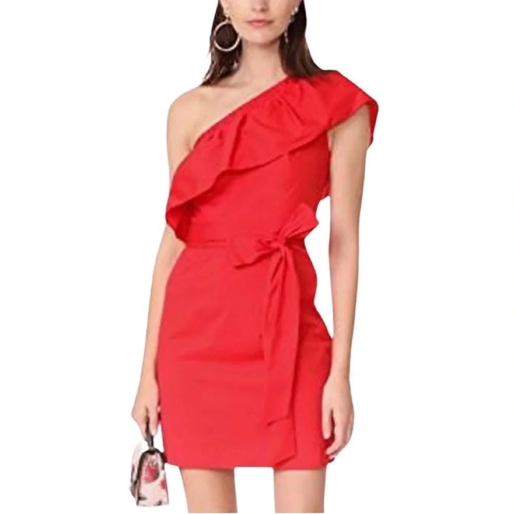 New Milly Tara Red Valentines Day Dress Solid One Shoulder Size 6 NWT - Picture 2 of 10